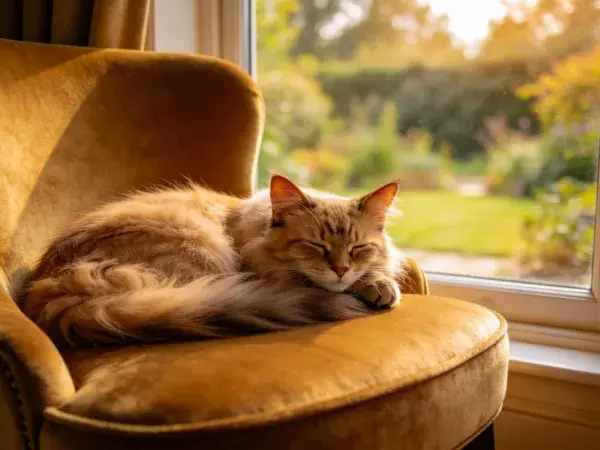 窗边暖光下的长毛缅因猫休憩场景