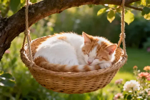 短毛橙白家猫悬挂篮中休憩