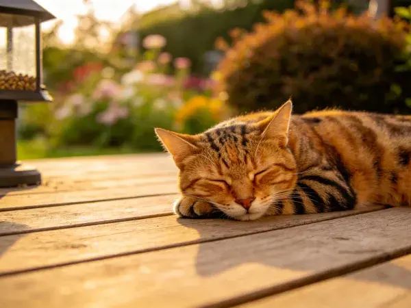 木平台上短毛斑纹猫休憩场景