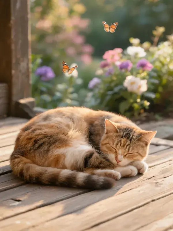 三色短毛家猫在木质平台上的睡眠状态