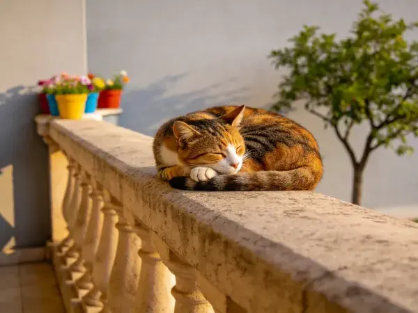 石栏杆上的玳瑁猫休憩场景