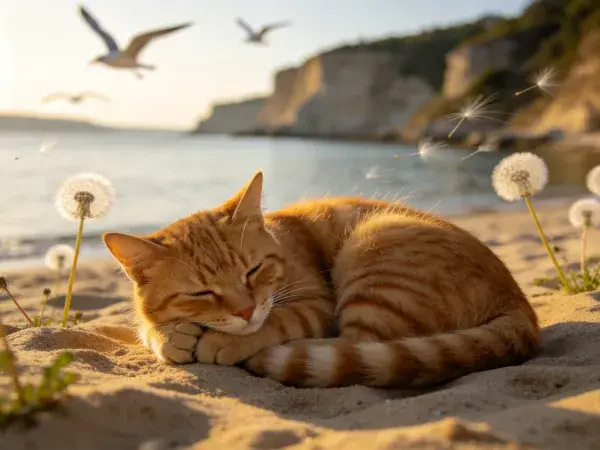 沙滩上休憩的橘色短毛家猫