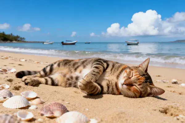 三色短毛家猫在海滨睡卧