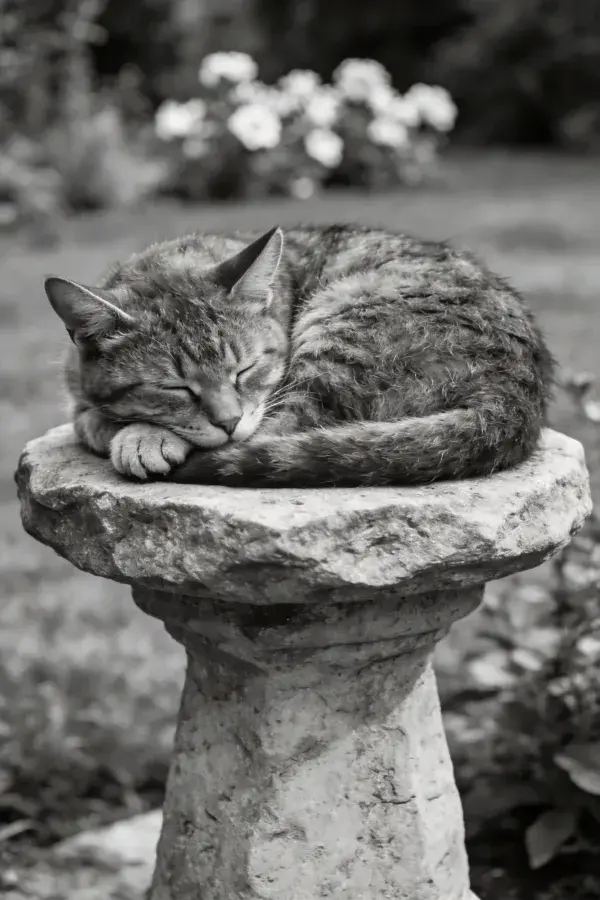 花园石质鸟浴池上的短毛家猫