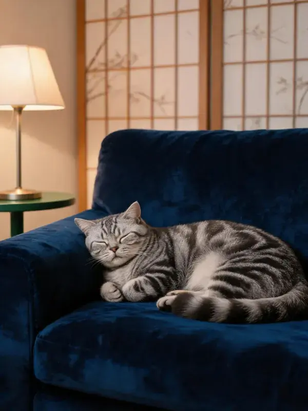 深蓝色沙发上的银虎斑短毛猫