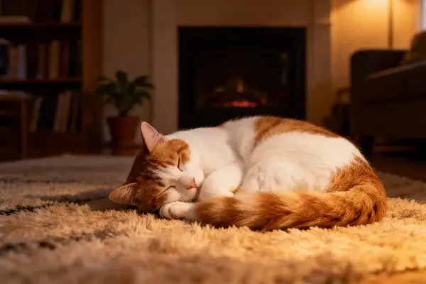 客厅地毯上的橙白短毛家猫