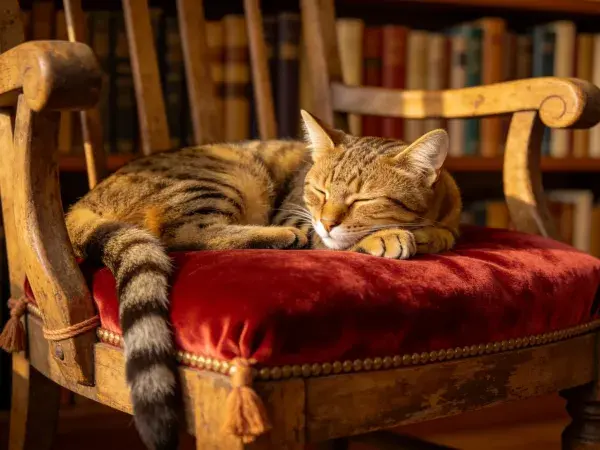 书房内暖木椅上的短毛虎斑猫休憩场景