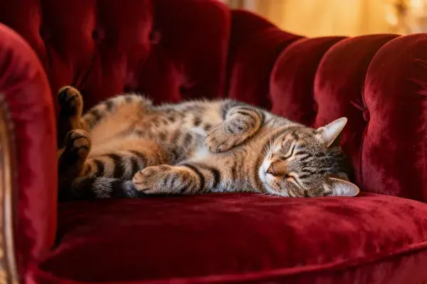 酒红色绒面扶手椅上的虎斑短毛猫