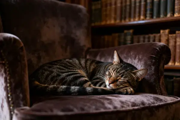 图书馆场景中虎斑短毛猫休憩图