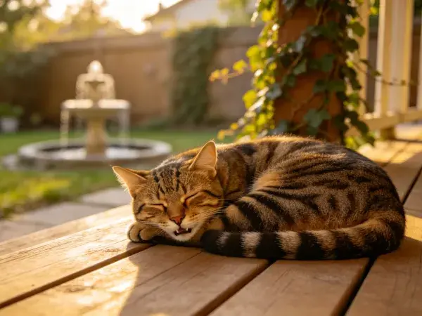 露天平台上休憩的虎斑猫场景