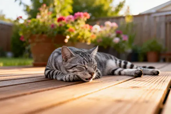 露齿短毛虎斑猫静卧木平台
