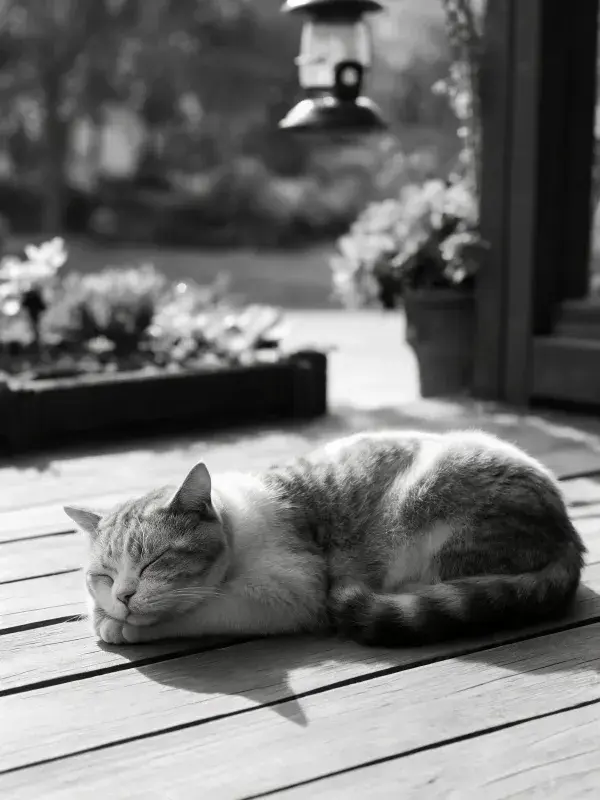 短毛虎斑猫在木质平台上的休息姿态