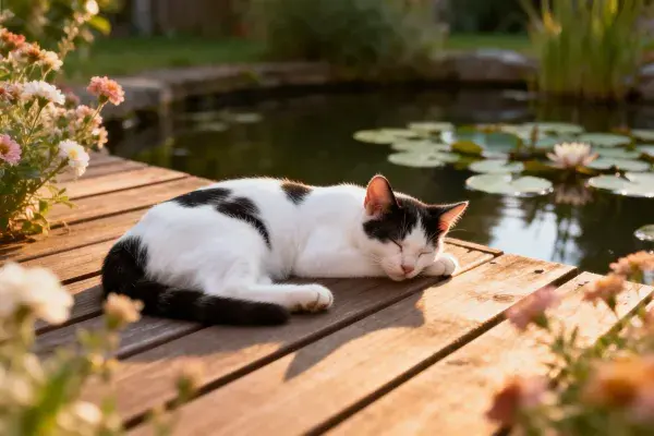 露天花园中黑白短毛家猫休憩时刻