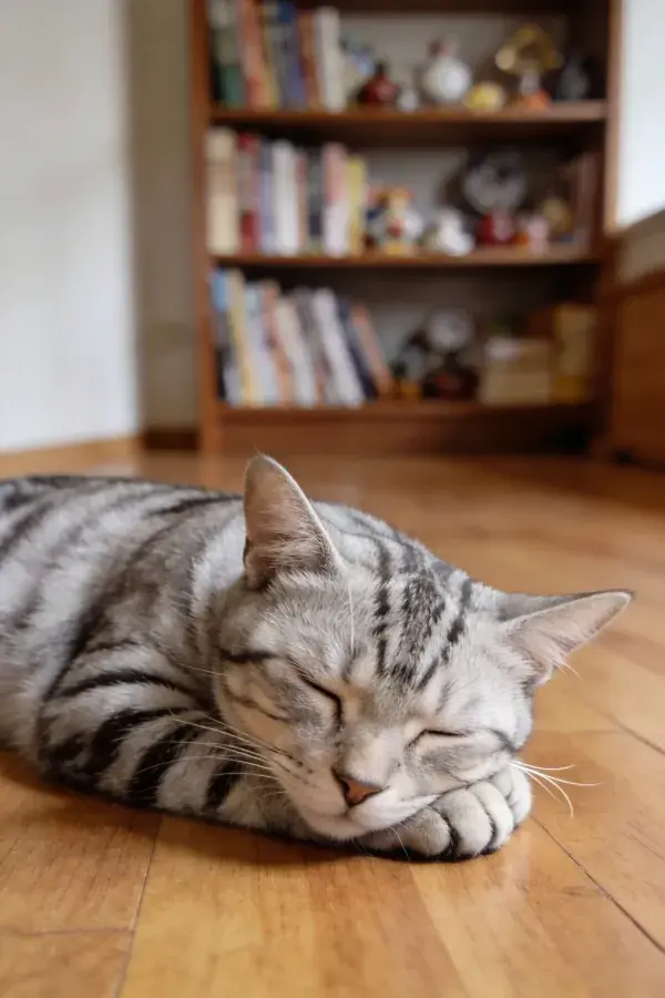 银灰虎斑短毛猫安静趴卧