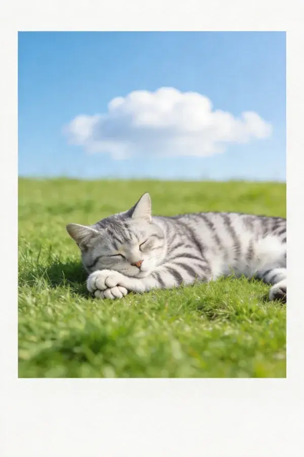 草地晴空下休憩的灰虎斑短毛家猫