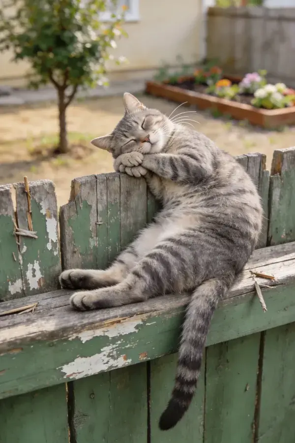 户外花园木栅栏上的短毛虎斑猫