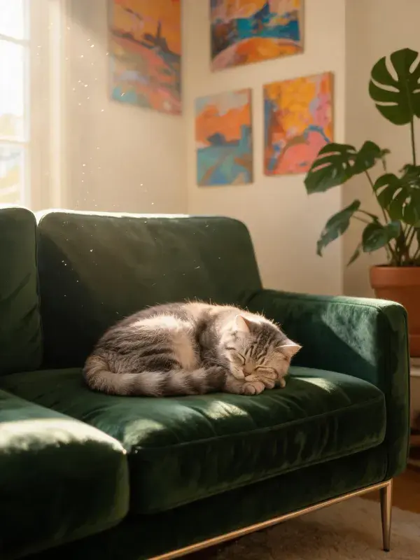 客厅暖光下灰虎斑短毛猫休憩景象
