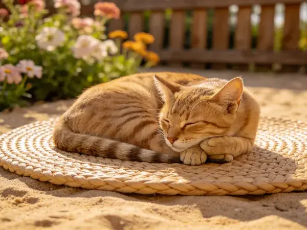 花园中橘色短毛家猫休憩图