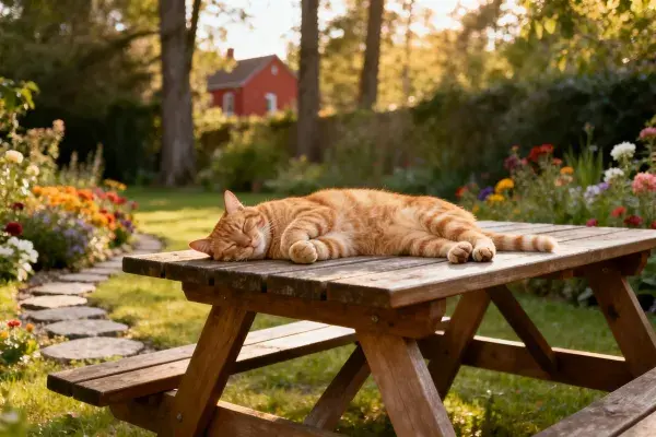 花园野餐桌上的橘色短毛虎斑猫