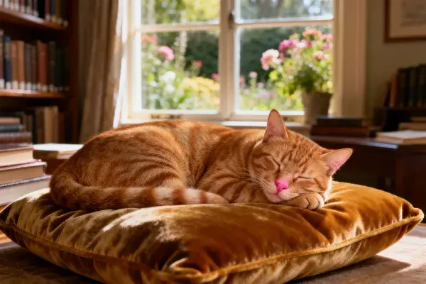 短毛橙虎斑猫于绒面靠垫上的休憩场景