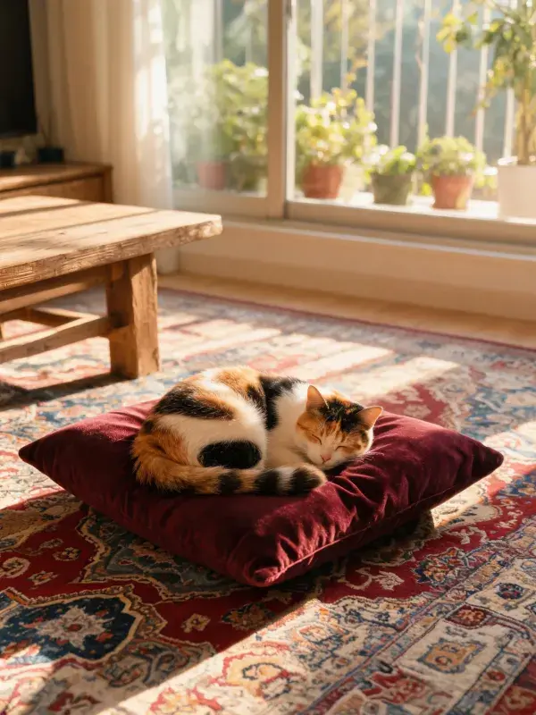 色短毛猫在室内软垫上的休憩场景