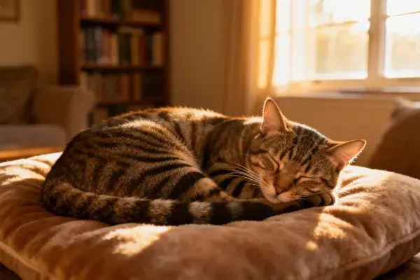 客厅暖光下短毛虎斑猫休憩图