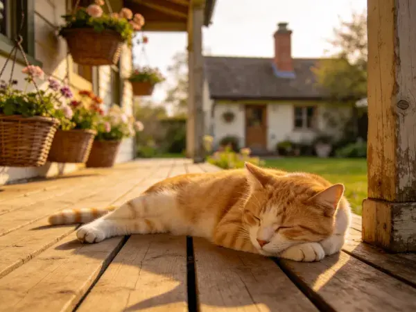 橙白相间短毛家猫在木质门廊休憩场景