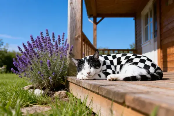 木屋门廊处格纹衣物家猫休憩场景