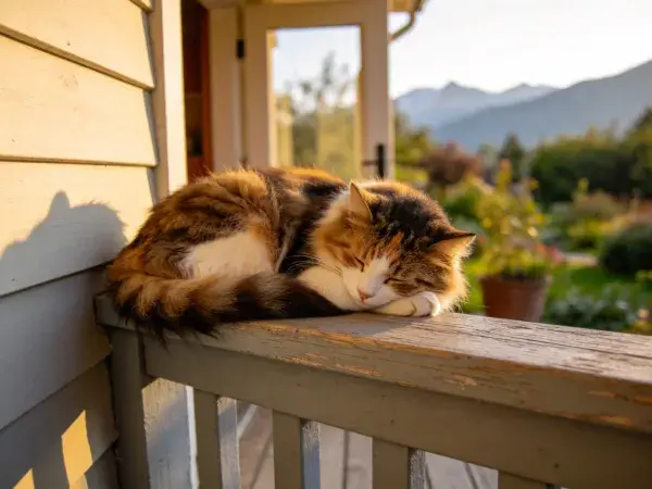 三色短毛猫在门廊休息