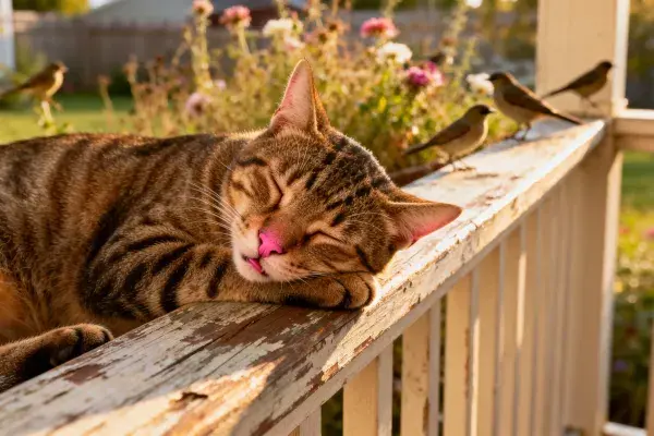 庭院木栏杆上的短毛虎斑猫