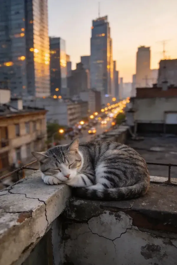 城市天际线下的短毛家猫休憩图