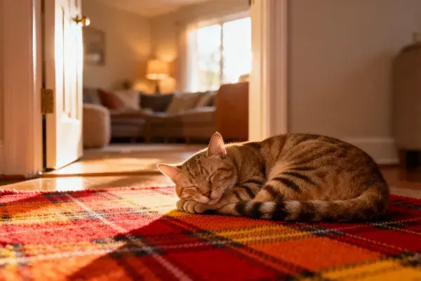 格纹地毯上休息的短毛虎斑猫