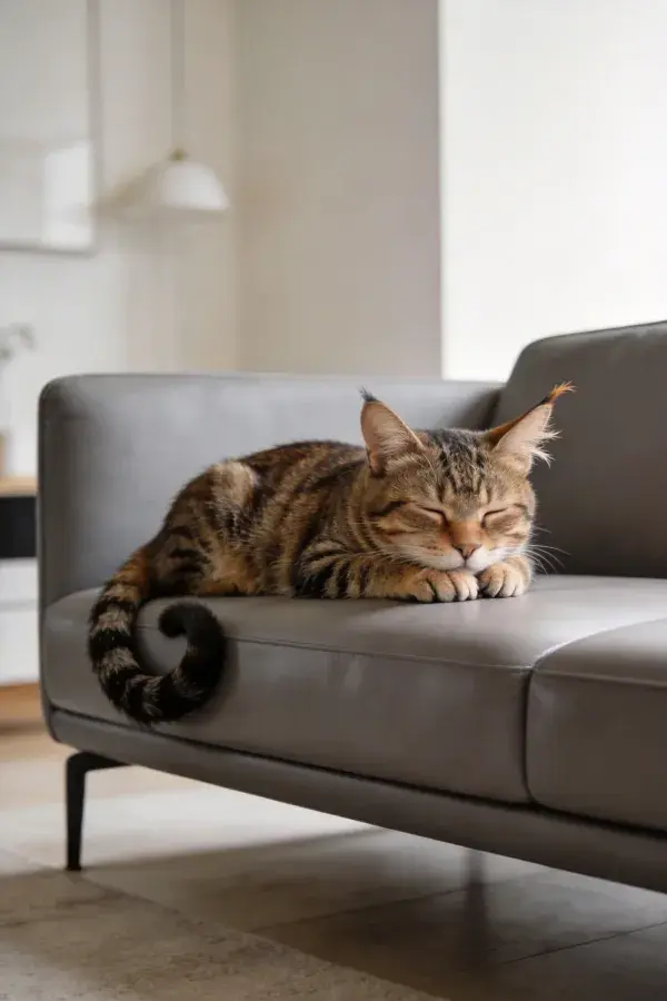 室内灰色沙发上休息的短毛虎斑猫