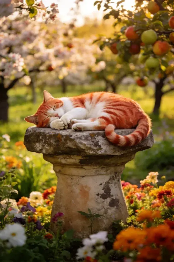 花园石柱上的橘白相间短毛家猫
