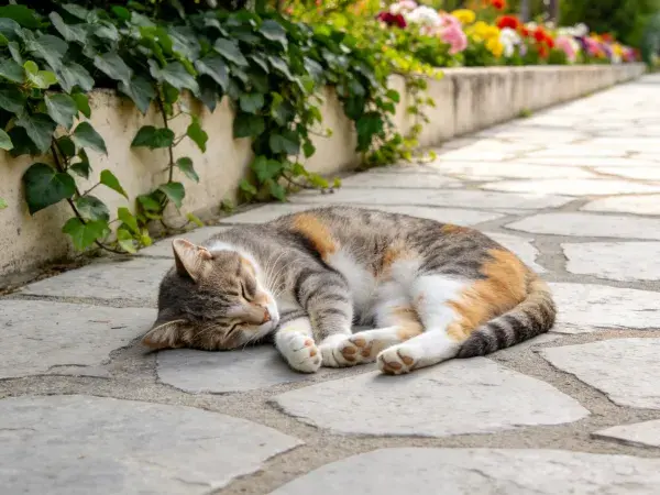 三色短毛家猫在石板路上休憩的场景
