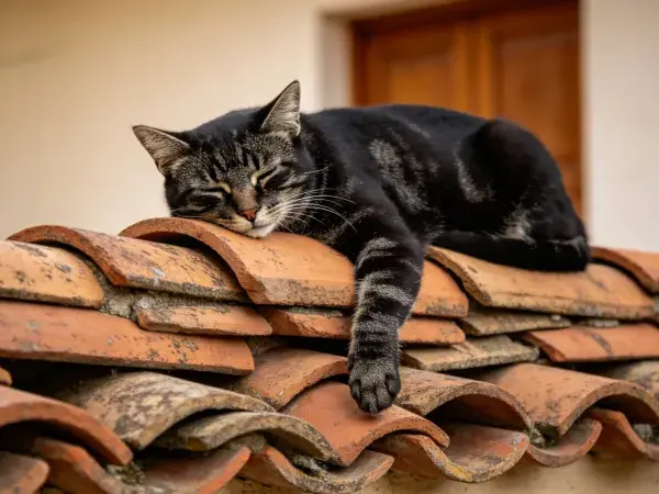 红瓦屋顶上的斑纹短毛家猫