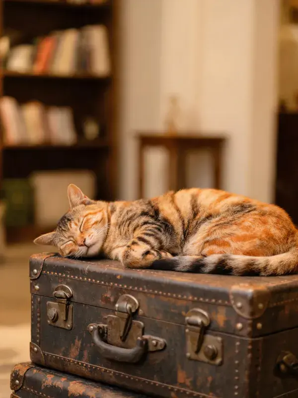 橘色玳瑁短毛猫在复古皮箱上的休憩状态