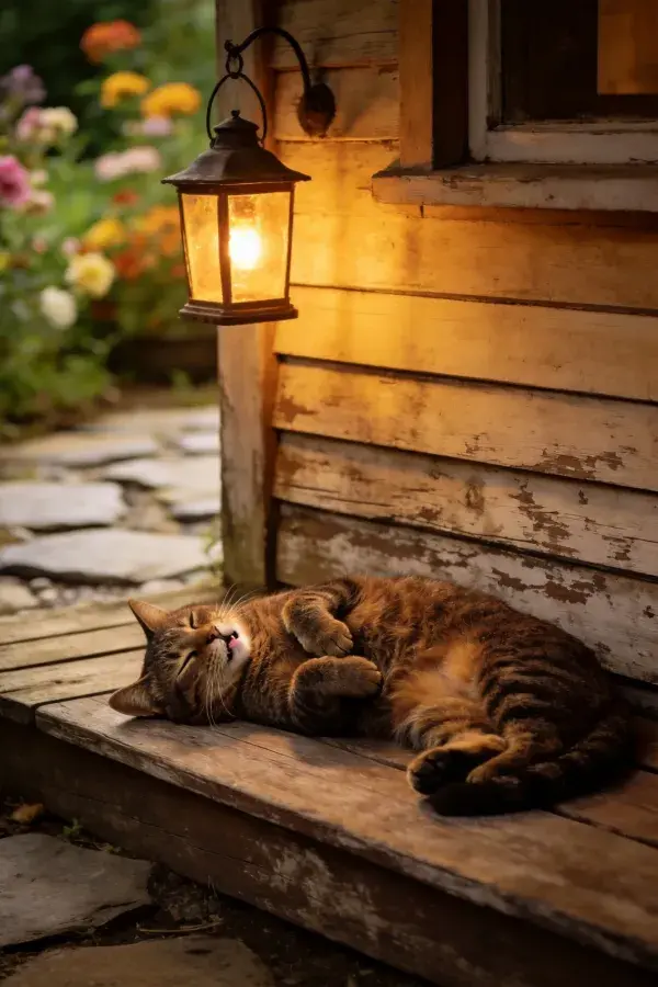 木屋台阶上的短毛虎斑猫休憩图
