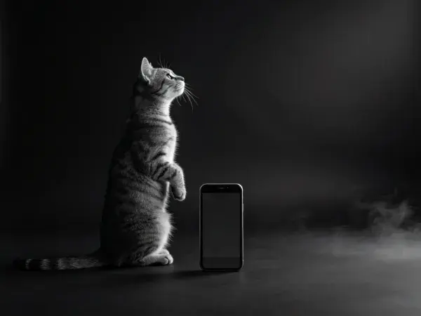 站立观察的短毛虎斑猫与智能手机