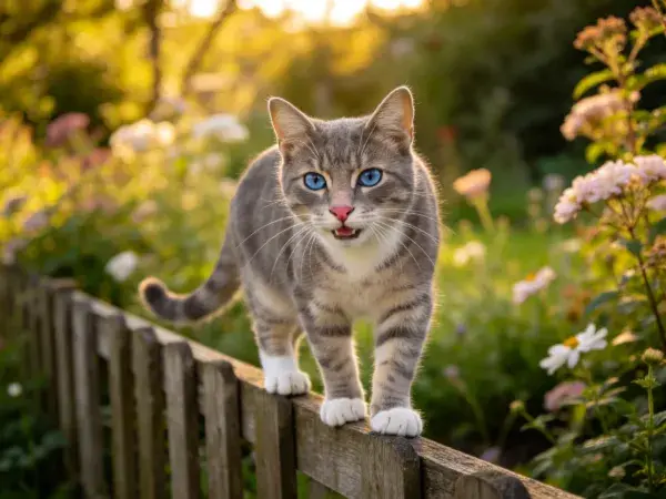 灰虎斑短毛猫立木栅栏