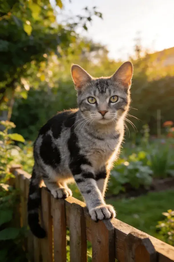 花园木栅栏上的灰黑短毛家猫