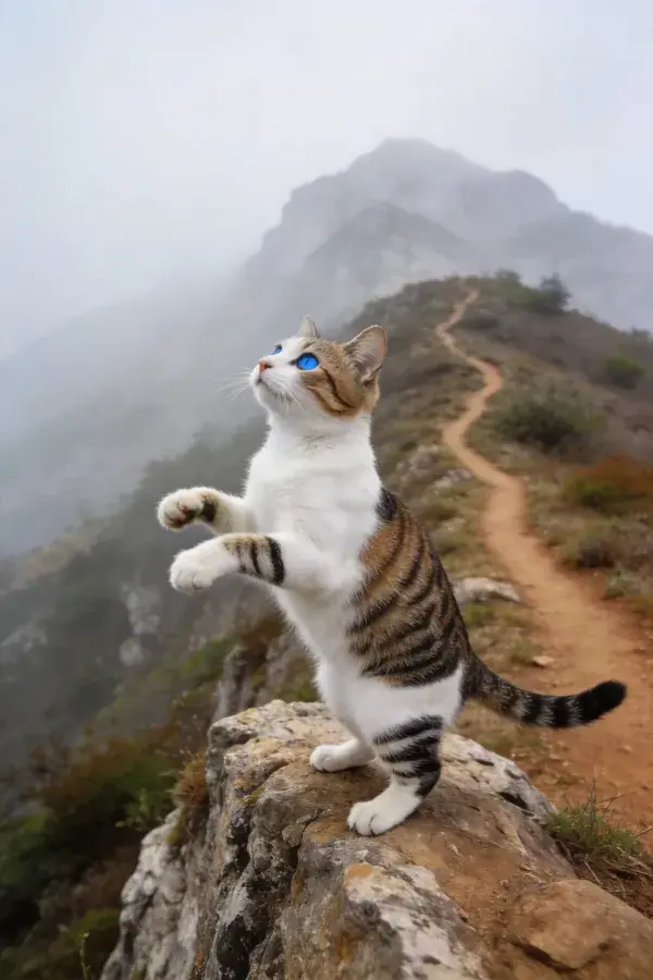 山地岩石上的三色短毛家猫