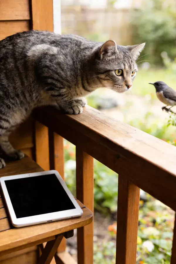 短毛虎斑家猫倚木栏杆眺望小鸟于阳台