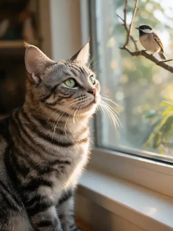 虎斑短毛猫注视窗外的小鸟
