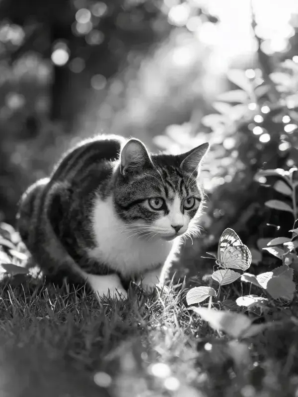 阴影中的短毛虎斑猫与蝴蝶场景
