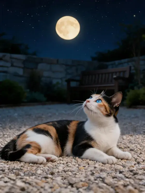 三色短毛家猫仰望满月于庭院
