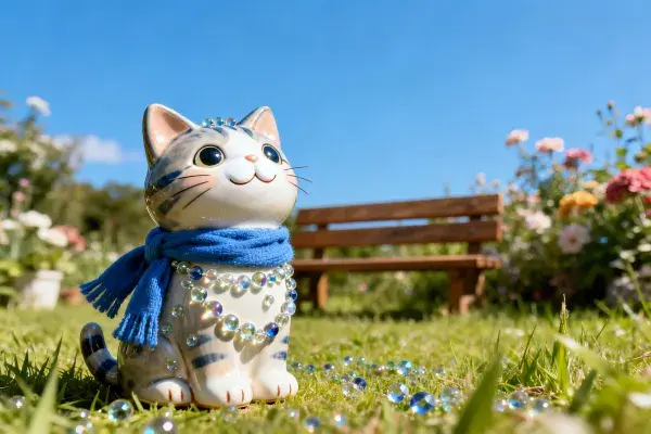 阳光花园中的陶瓷猫摆件