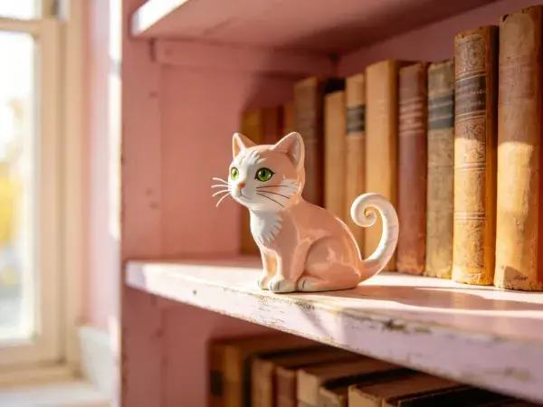 阳光下书架上的陶瓷橘猫摆件