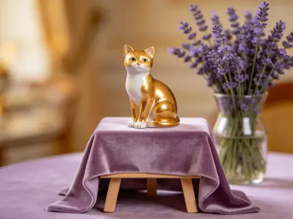 馆内紫色布幔上的金色陶瓷猫摆件