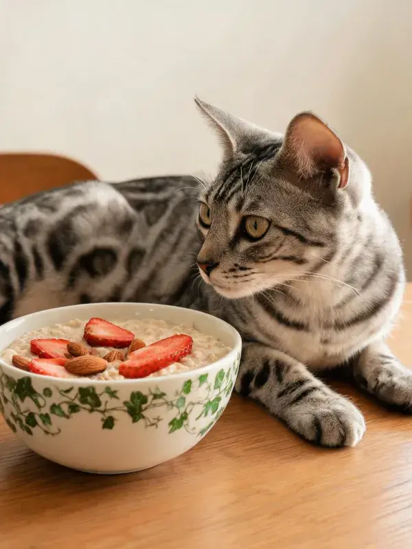 银色孟加拉猫注视碗装食物的场景
